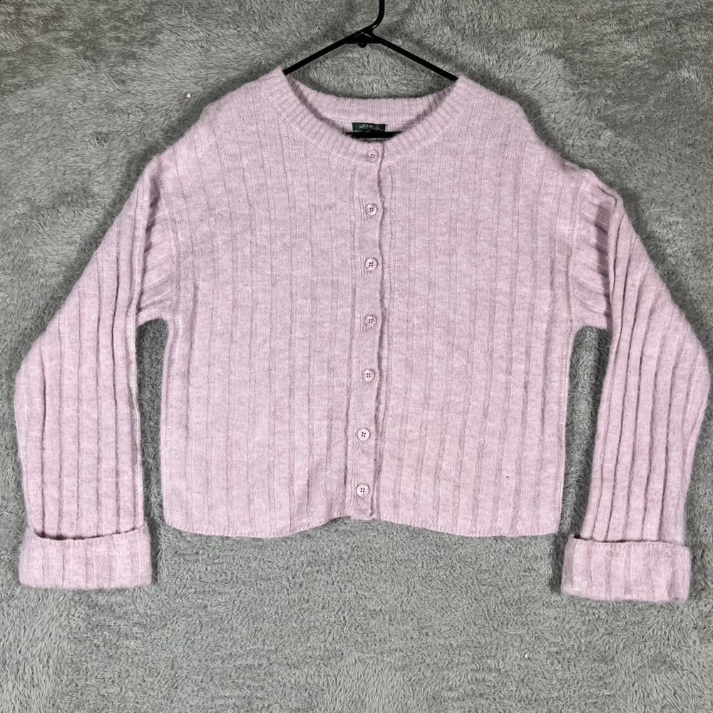 Wild Fable Cardigan Sweater Womens Medium Purple Ribbed Fuzzy Button Front 1876